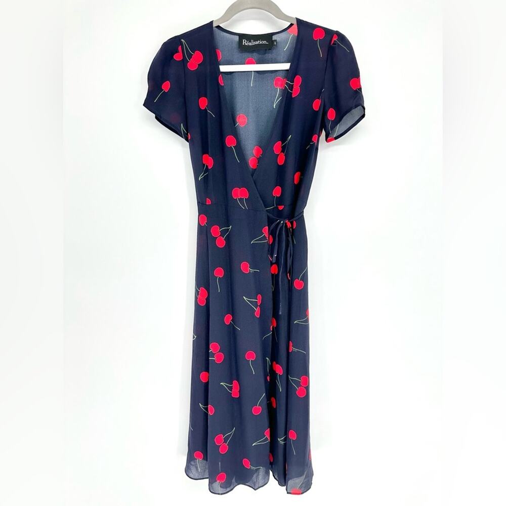 Realisation The Teale Wrap Midi 100% Silk Dress Wild Cherry Navy Blue